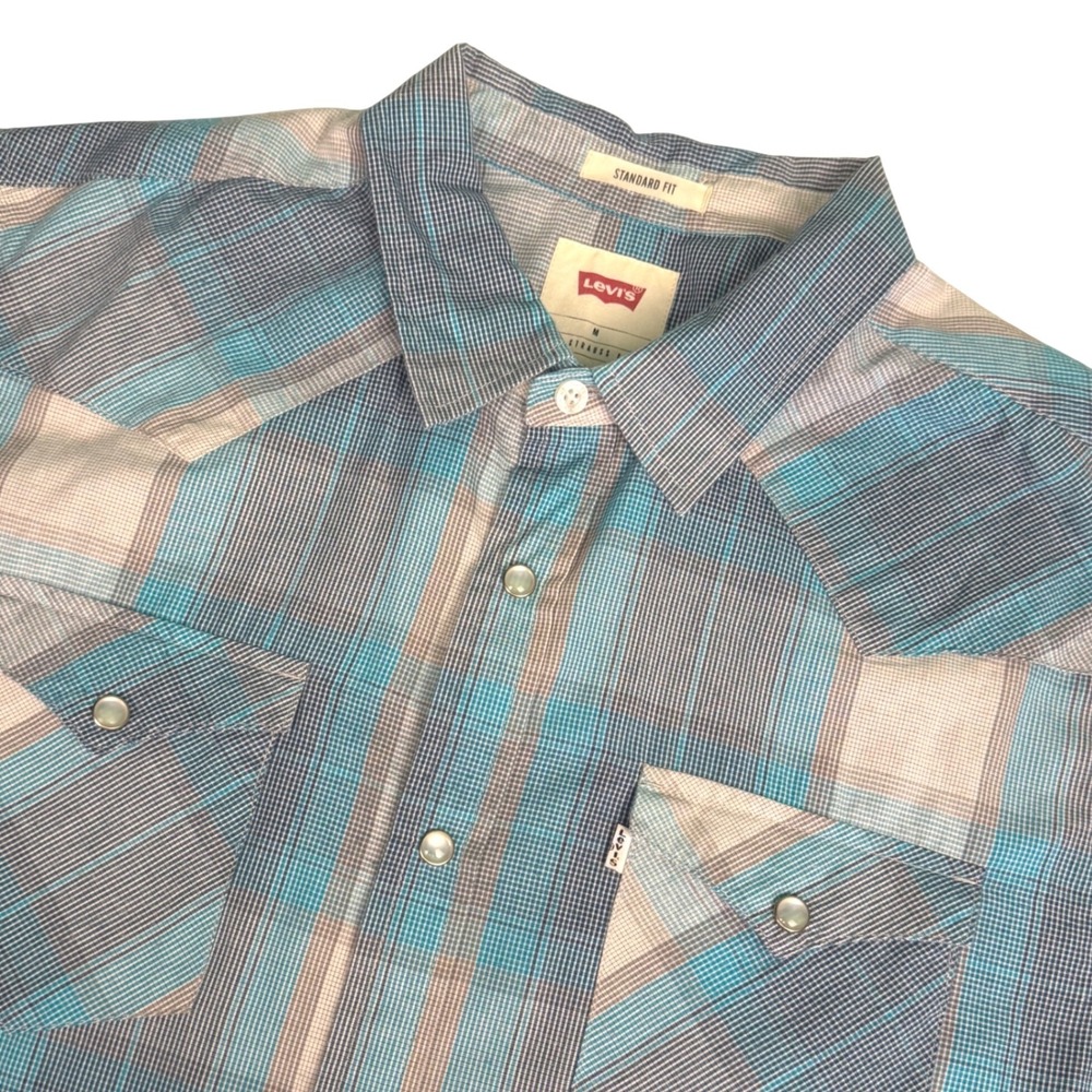 Levis Mens‎ M Shirt Blue Grey Western Plaid Short Sleeve Pearl Snap